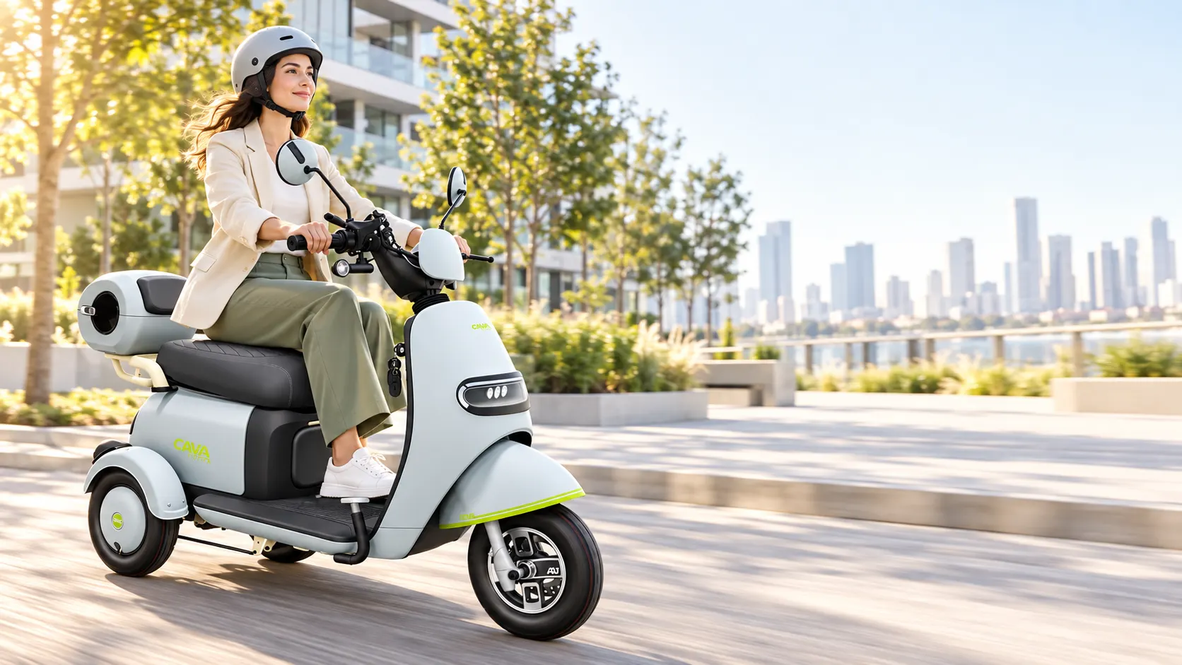 Mulher pilotando o triciclo elétrico Cavalletta T3 em um calçadão à beira-rio